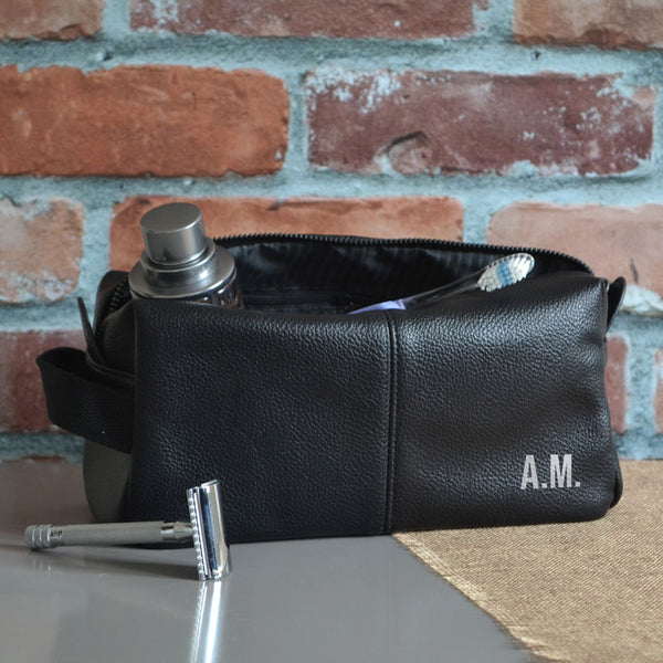 Personalised Brown and Black Leather Groomsmen Wash Bag Mens 