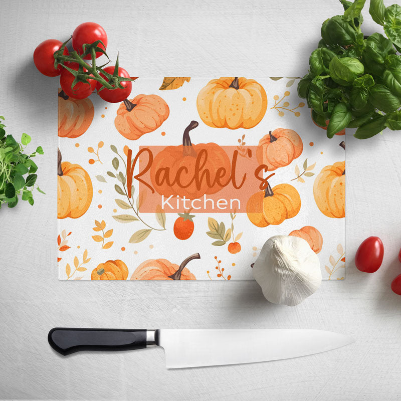 Personalised Autumn Pumpkin Glass Chopping Board