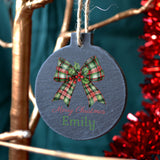 Personalised Round Slate Bauble Red or Green Bow