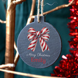 Personalised Round Slate Bauble Red or Green Bow