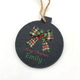 Personalised Round Slate Bauble Red or Green Bow