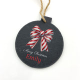 Personalised Round Slate Bauble Red or Green Bow