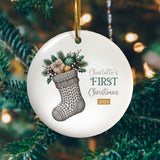 Personalised First Christmas Decoration Grey Knitted Stocking