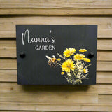 Personalised Slate Garden Sign with Flowers and Bee Design - Custom Outdoor Plaque