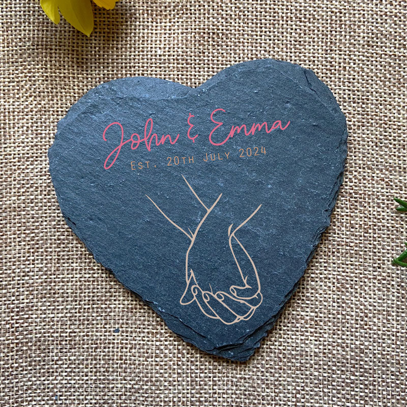 Personalised Heart Slate Coaster Holding Hands Anniversary Gift