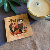 Personalised Autumn Cat Soild Oak Coaster