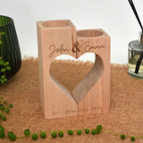 Personalised Heart Candle Holder Solid Wood with Anniversary Names and Date