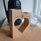 Personalised Heart Candle Holder Solid Wood with Anniversary Names and Date