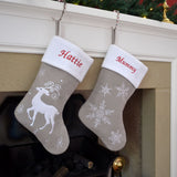 Personalised Embroidered Luxury Silver Snowflake and Reindeer Stockings