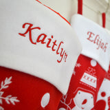 Personalised Embroidered Red and White Luxury Christmas Stockings with Snowman Reindeer or Santa