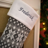 Luxury Personalised Embroidered Silver Knitted Snowflake Christmas Stockings